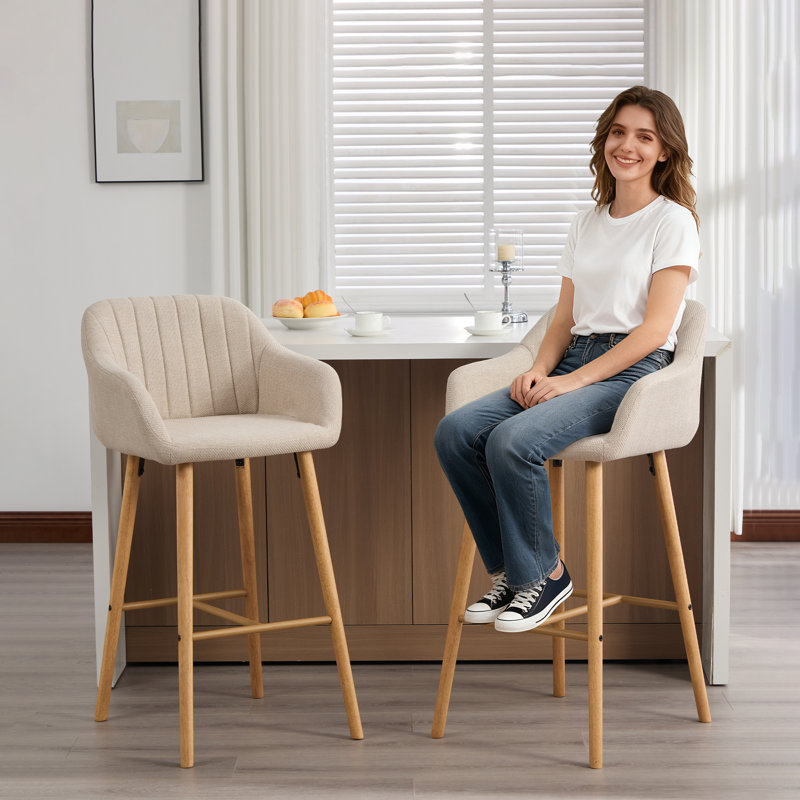 Ensemble de 2 tabourets de bar modernes avec îlot de cuisine avec dossier, accoudoirs, repose-pieds et pieds en bois massif