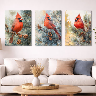 Oiseau cardinal parmi les pins I - oiseaux rouges, impression murale 3 pièces