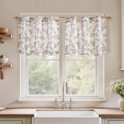  Rideaux de cuisine à motif floral brun, rideaux à volants en mélange de lin, rideaux d'intimité semi-transparents filtrant la lumière, l 30 po x L 24 po