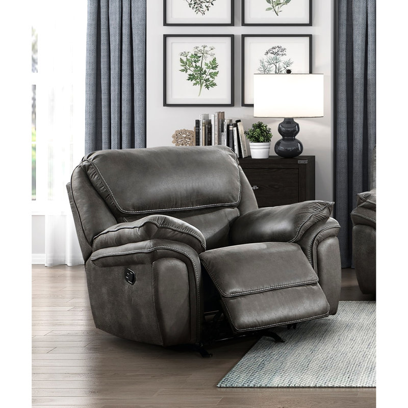 Ensemble de 3 fauteuils inclinables modernes, revêtement en microfibre grise, structure en bois massif et contreplaqué, mécanisme d'inclinaison à tirette, console de rangement centrale, fauteuil à bascule, supporte jusqu'à 136 kg par siège, rembourrage en mousse, bascule douce.