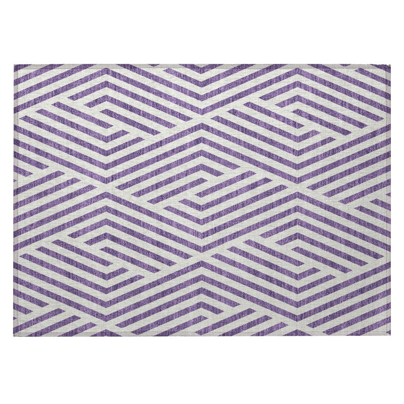 2' X 3' Purple and White Geometric Washable Non Skid Indoor Outdoor Area Rug