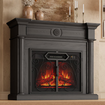 Meuble télé avec foyer électrique intégré de 112 cm (44 pouces), compatible avec les téléviseurs jusqu'à 55 pouces, style ferme, portes à volutes rétro, contrôle par application et flamme réglable, noir.