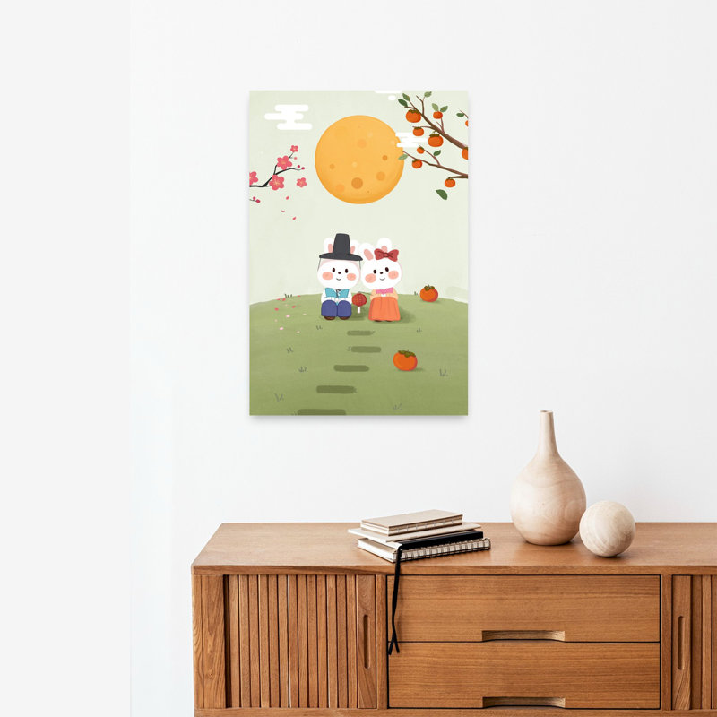 Lune, lapins, Hanbok, couple, traditionnel, abstrait, cerise, lapin, automne, arbre, art mural, 24" H x 16" W