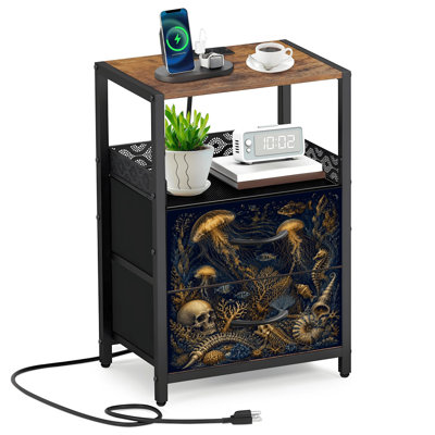 Table de chevet 2 tiroirs en tissu avec station de charge Scène mystique méduse crânes marine Life Blue Tones