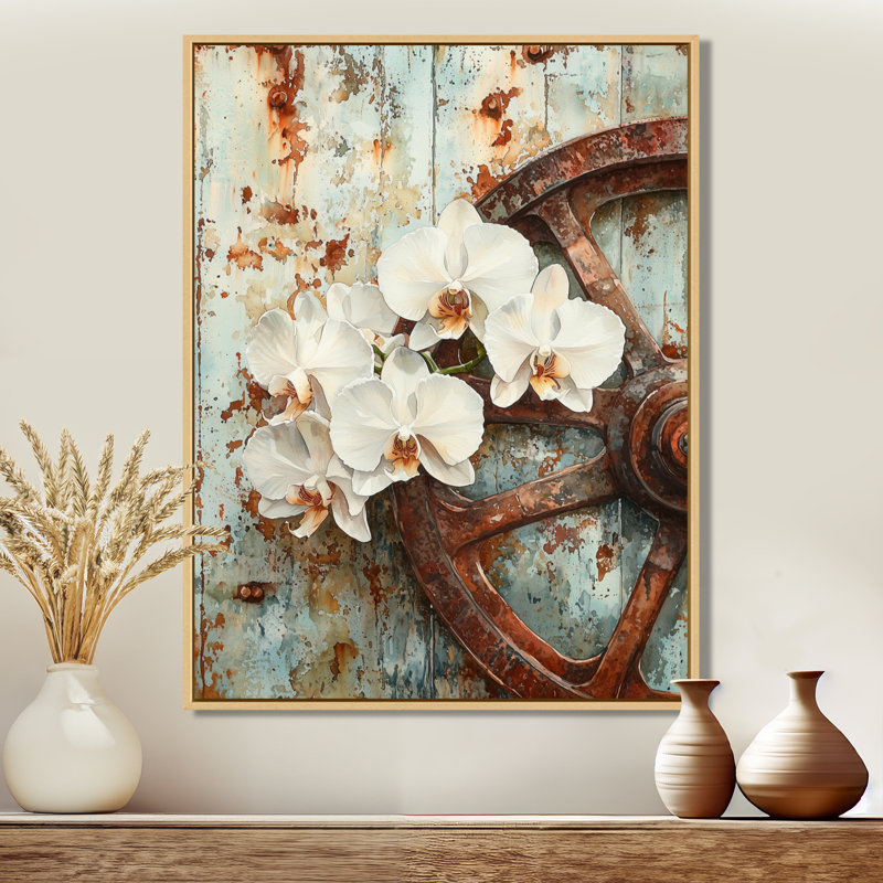 Orchidées Kynston par la roue du chariot I - art mural orchidée, H 32 po x l 16 po, Impression sur cadre flottant
