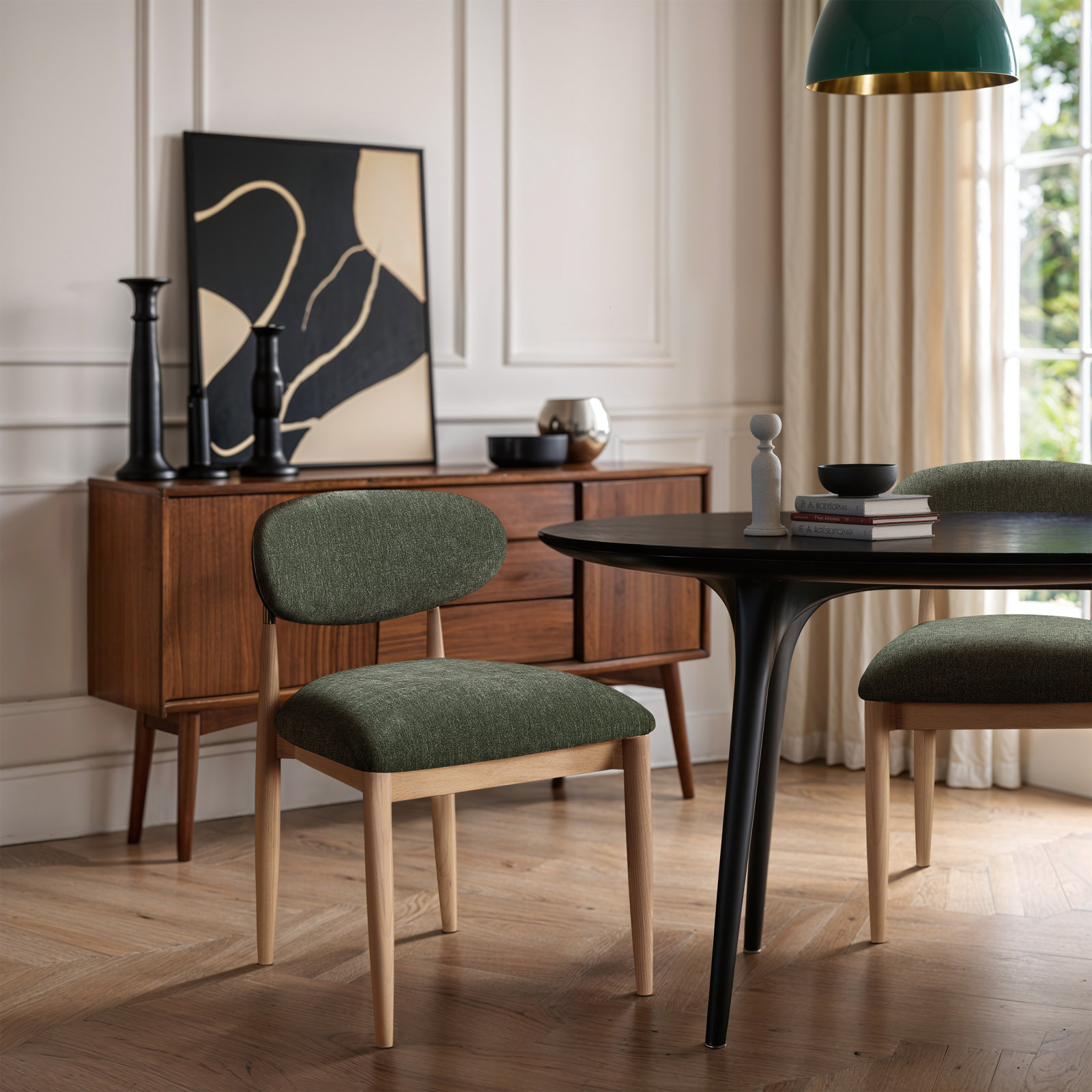 Eligah Vegan Leather Upholstered Dining Side Chair, Stained Natural / Brushed Brass, Cream