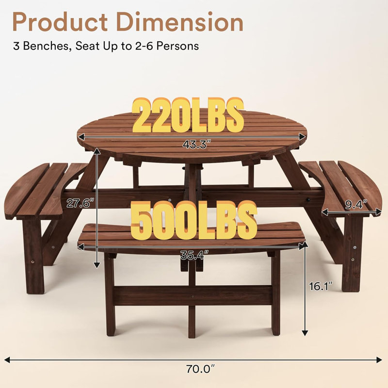 Round Tabletop Wood Picnic Table with Built-in Benches, 8-Person, Brown