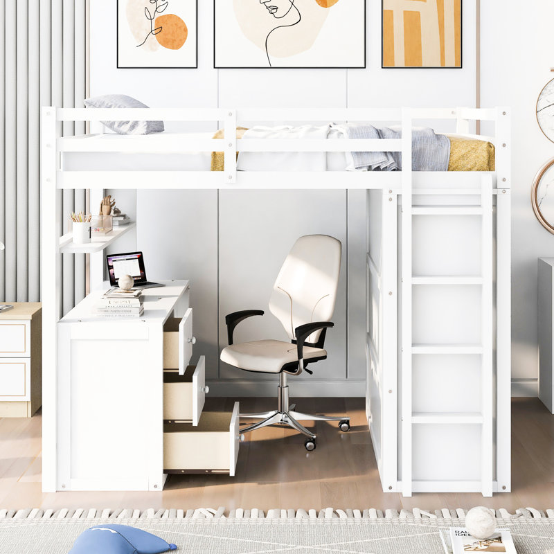 Lit mezzanine double blanc avec tiroirs, bureau et garde-robe - idéal pour les occupations de longue durée