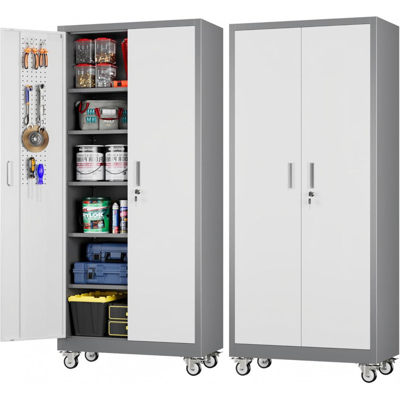 Metal Garage Cabinet with Wheels Lockable Rolling Steel Cabinet with 5 Adjustable Shelves and Door for Garage, Office, Kitchen, Assembly Required