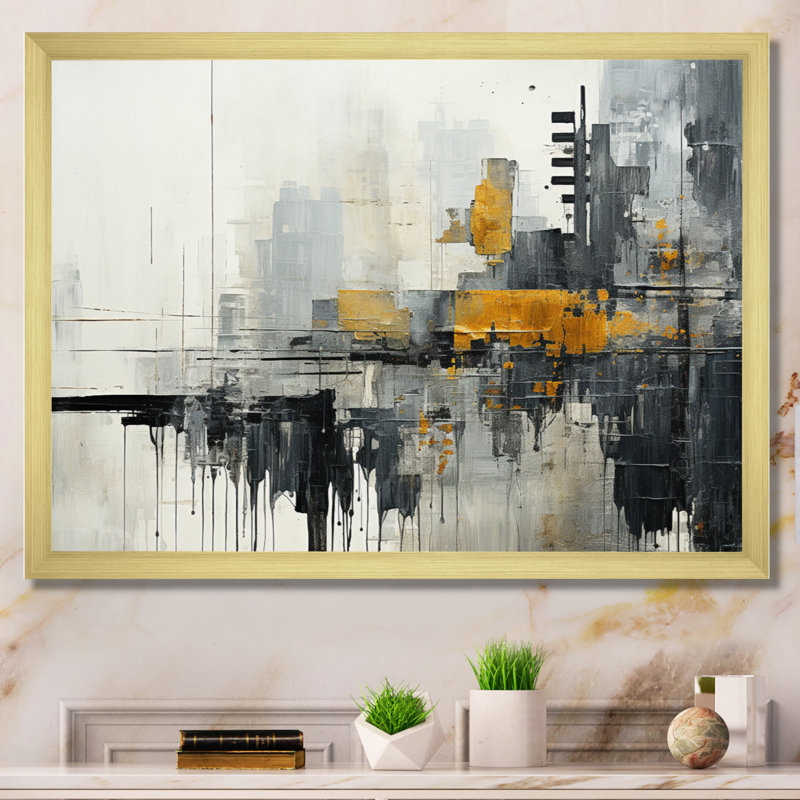 Paysage urbain abstrait III - Collages abstraits, art mural, Cadre doré simple, H 12 po x l 20 po x P 1 po