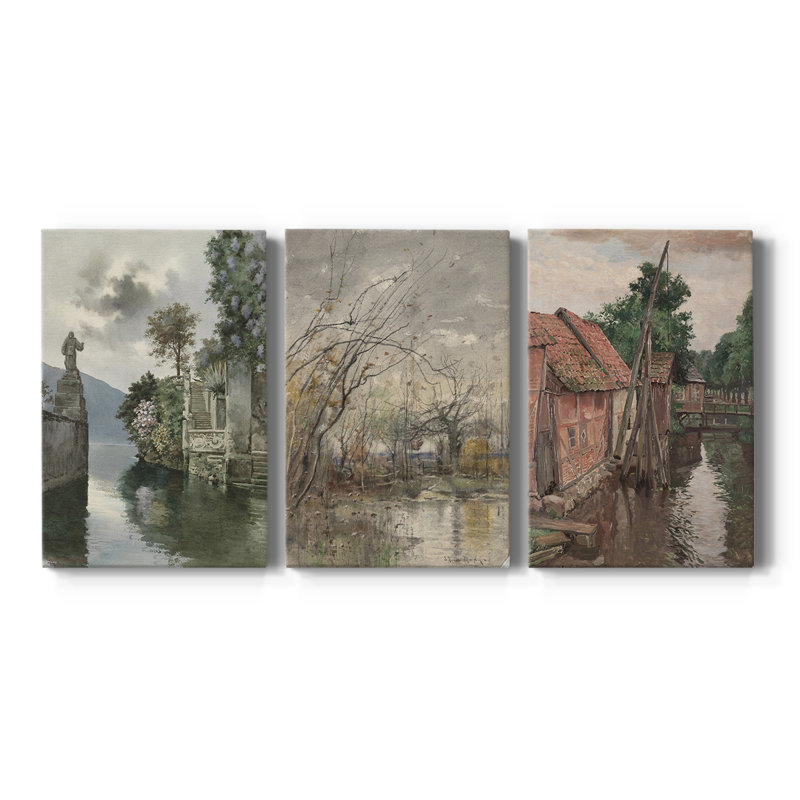 Paysage rétro CXV III - Toile tendue avec châssis sur mesure - 3 pièces, H 48 po x l 96 po