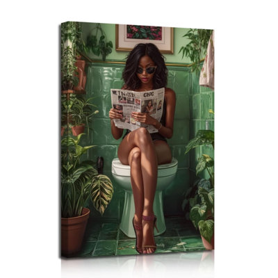 African American Bathroom Wall Art Black Women Pictures Black Girl Reading On Toilet Canvas Print Green Botanical Painting For Fashion Girls Restroom (Brown, 36L X 24W)