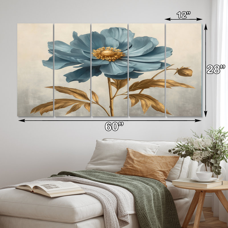 Blooming Blue Anemone Leaves Retro Art I - Wildflowers Wall Art Living Room - 5 Equal Panels