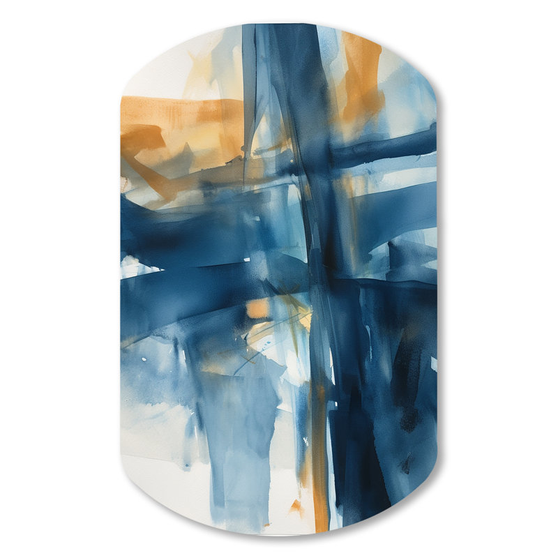 Blue and Gold Fusion VIII - Fractals Cylinder Metal Print Wall Art, Blue Asymmetrical Metal Wall Decor, 31" H x 19" W x 1" D