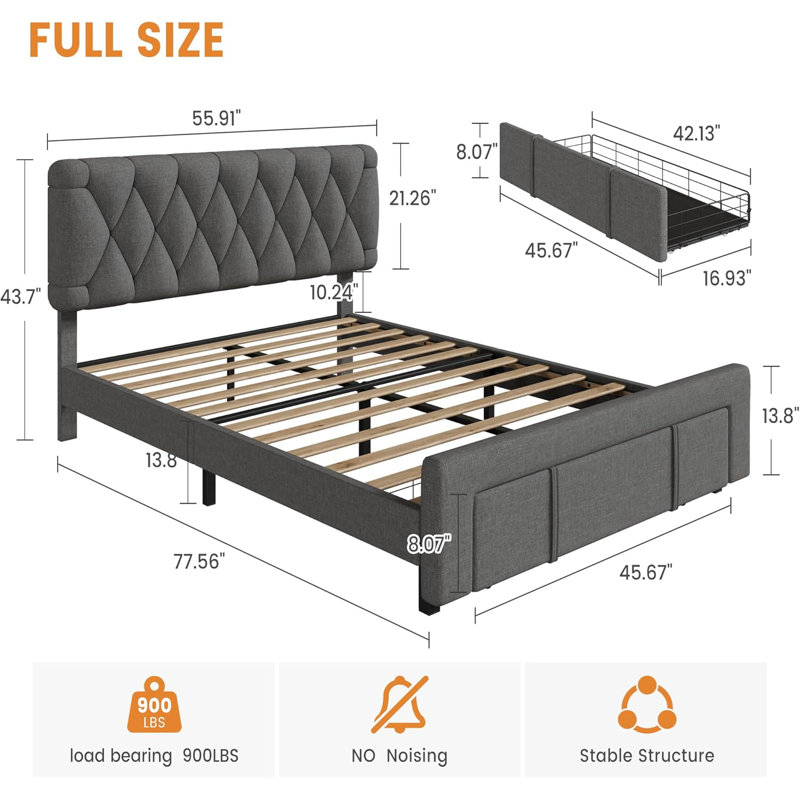  Structure de lit plateforme tapissier avec tiroirs de rangement, support de lattes en bois massif, aucun sommier tapissier requis 