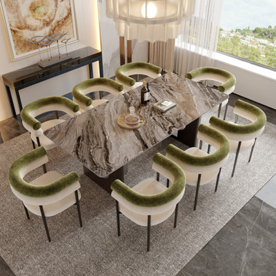 Ensemble de salle à manger moderne en pierre frittée avec 8 fauteuils capitonnés bouclés, pour 8 personnes