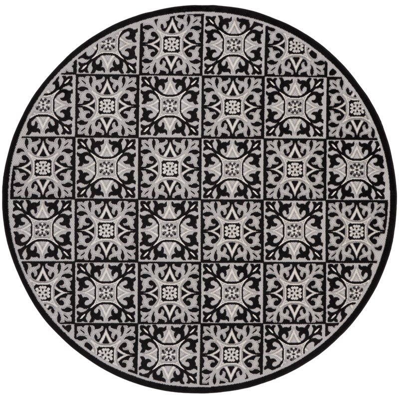 Minvydas Aloha  Geometric Black White Indoor/Outdoor Area Rug, Round 7'10"