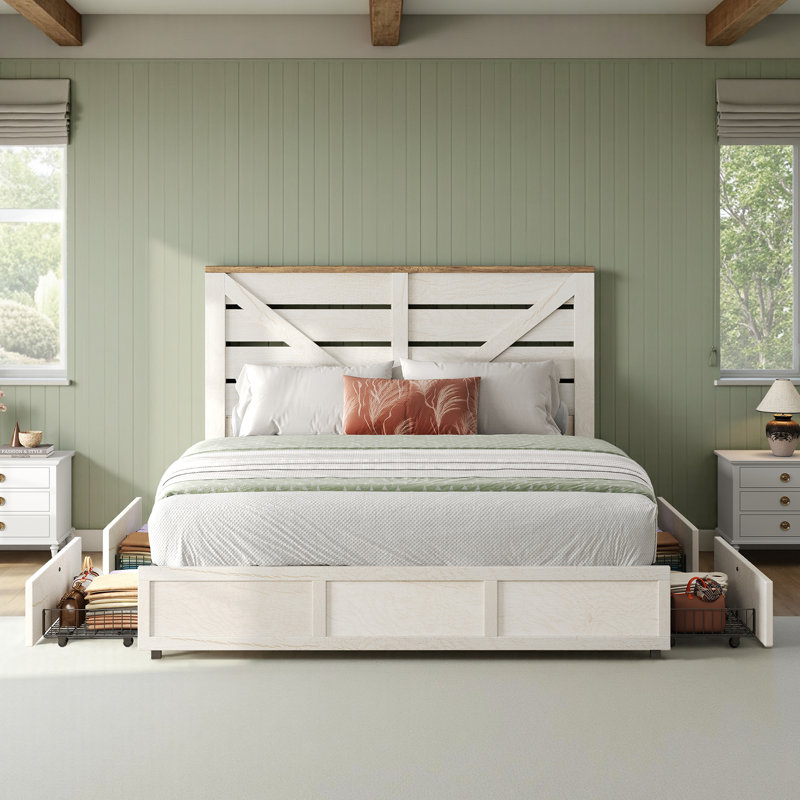 Oceant Farmhouse Full Size Bed Frame with 4 Drawers, White, Full, White