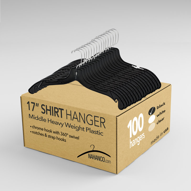 Cintre pour chemises moyen en plastique 17 po avec pinces en caoutchouc moulé, Hi-Impact, Blanc