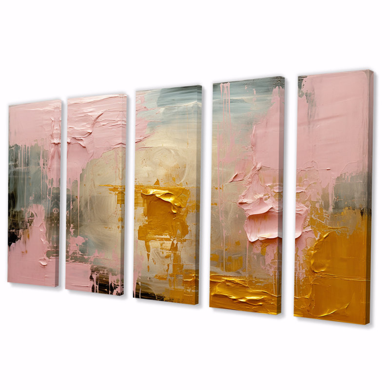 Célébration de la destinée abstraite, peinture or rose II - art mural abstrait, salon - 5 panneaux égaux