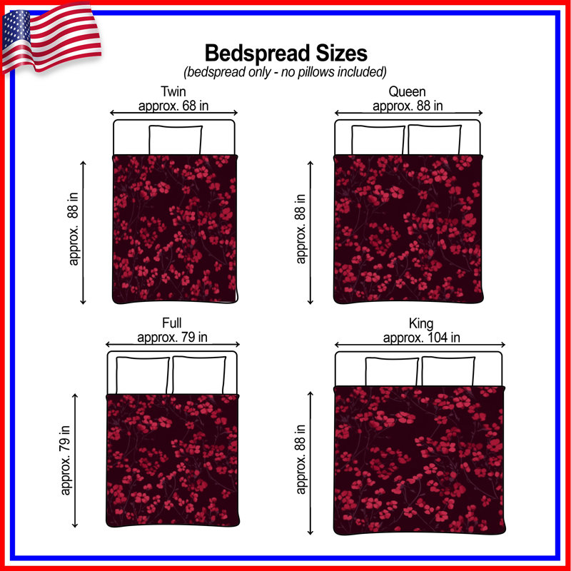 Red Floral Pattern Quilted Bedspread All Sizes, Twin