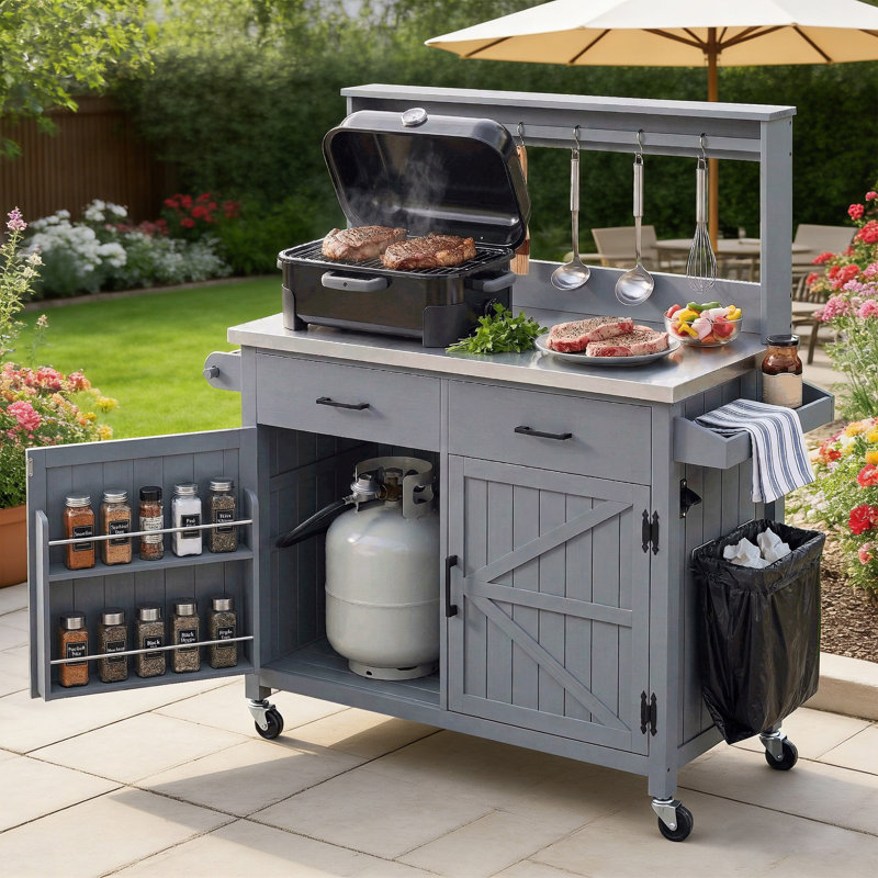 54.1" Outdoor Kitchen Island With Stainless Steel Top, Gray