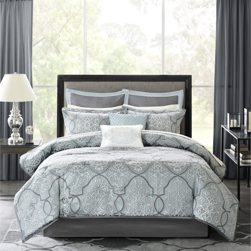 Édredon pour très grand lit avec draps bleus - Ensemble de draps et décorations de luxe 12 pièces