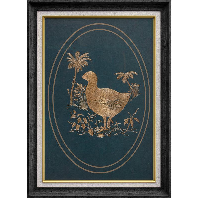 Oiseau doré rétro avec palmiers sur fond ovale bleu sarcelle - impression d'art encadrée sur papier