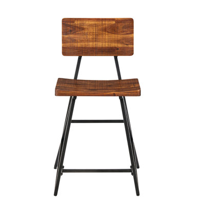 Tabouret de comptoir à tréteaux d'aspect industriel rustique, bois massif ambré, pieds en bronze industriel, tabouret de style assemblage requis, plateforme,
