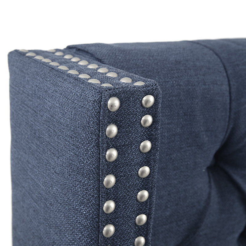 Tête de lit tapissier bleu marine pour grand lit, bouton avec décoration cloutée double, pieds en métal réglables en noir, taille: l 68,5 po x H 55,03 po, capitonnage et garniture en T, revêtement, pieds noirs, finition: