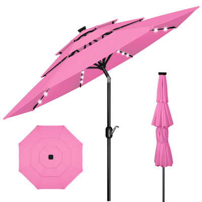 3 m 3-Tier Solar Patio Umbrella,32 LED Lights Patio Table Umbrellas With Tilt And Crank,8 Sturdy Ribs For Market, Beach, Pool, Garden, Deck, Backyard