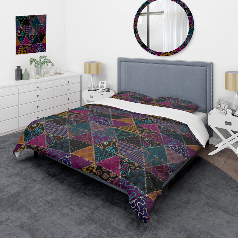 Multicolor Quilting Patchwork - Abstract Duvet Cover Set - Microfiber Polyester, King Duvet Cover + 2 King Shams