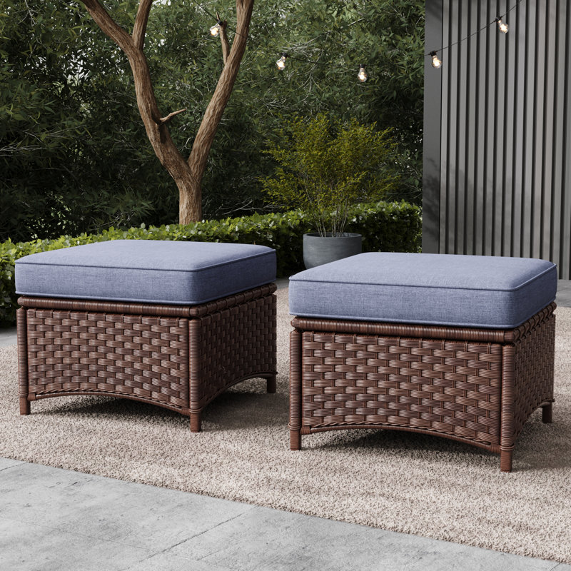 Layinsun Wicker Outdoor Patio Ottomans Set Of 2, Navy, Brown