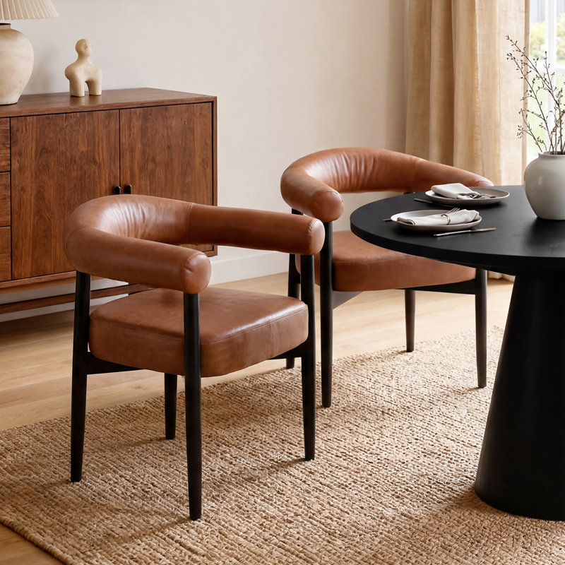 Upholstered Dining Chair Barrel Armchair With Wood Frame Side Chair, Brown, Black
