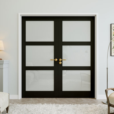 Portes doubles en verre givré noir 64 po x 80 po 3-Lite, remplacement de dalle de porte française, dalle de porte d'intimité en verre, insonorisant et imperméable, combinaison pour porte de garde-manger, porte de buanderie, porte de placard, porte de pièce, porte de bureau à domicile