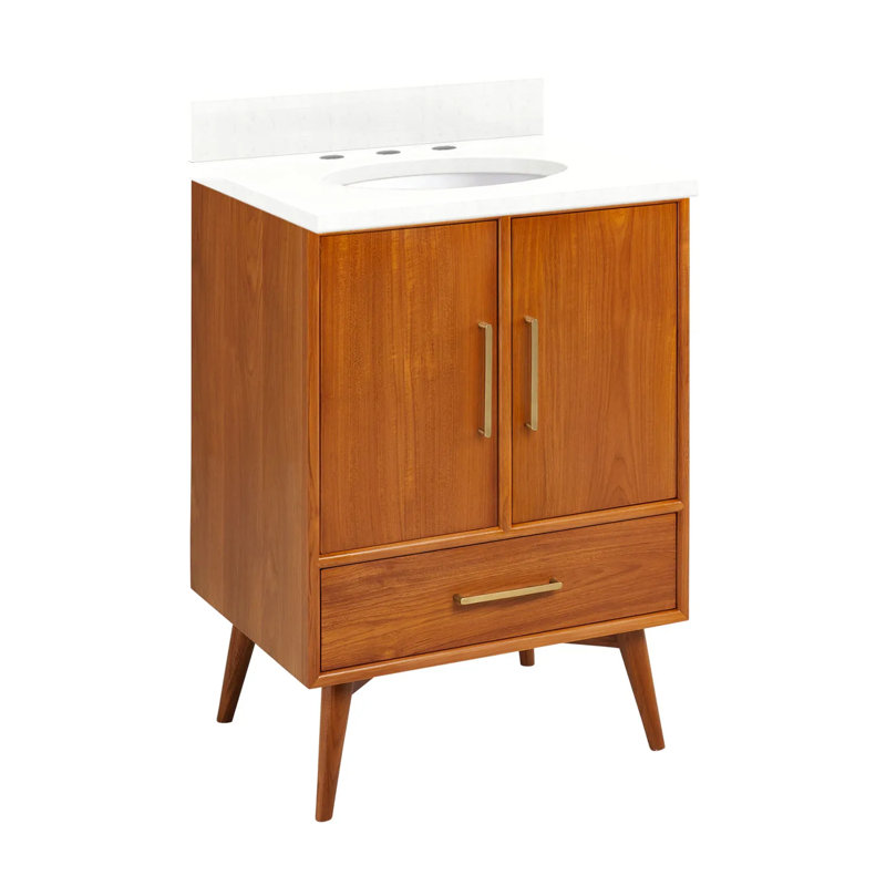 24" Novak Single Bathroom Vanity Set with Oval Undermount Sink, Feathered White Quartz, 8" Widespread, Natural Teak/ 25" W
