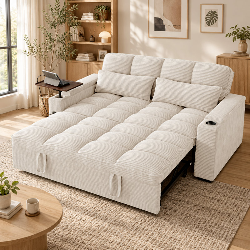 Canapé-lit convertible 65 po Corduroy, causeuse escamotable avec table d'appoint, ports de chargement USB et poche de rangement, canapé-lit moderne