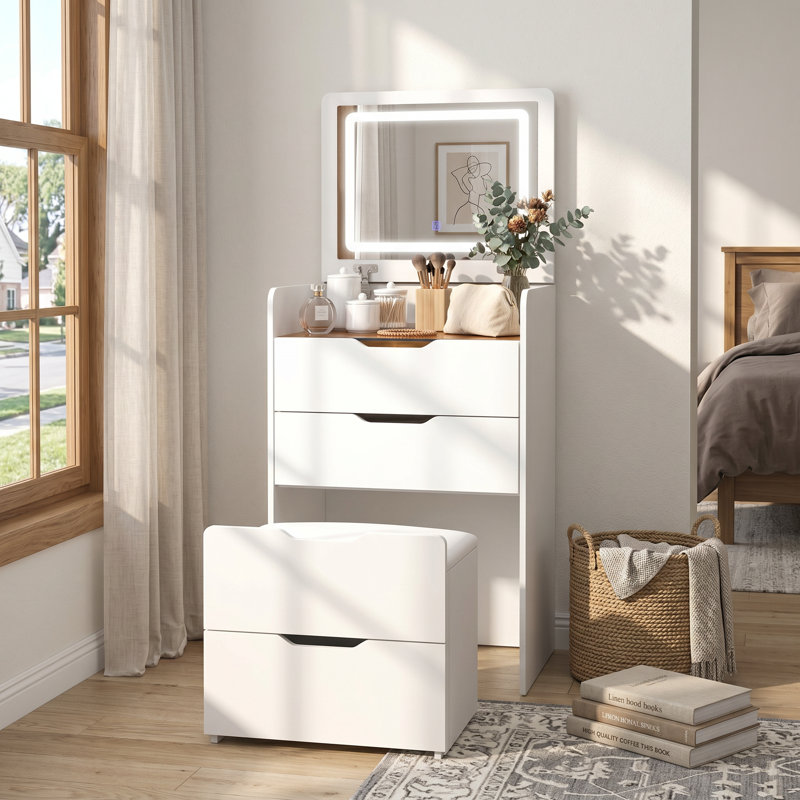 Meuble-lavabo de 18,9 po de largeur avec tabouret de rangement, miroir éclairé et 3 tiroirs Shiona