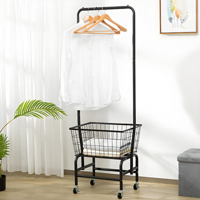 Black Metal Freestanding Garment Rack With Wheels & Storage Basket
