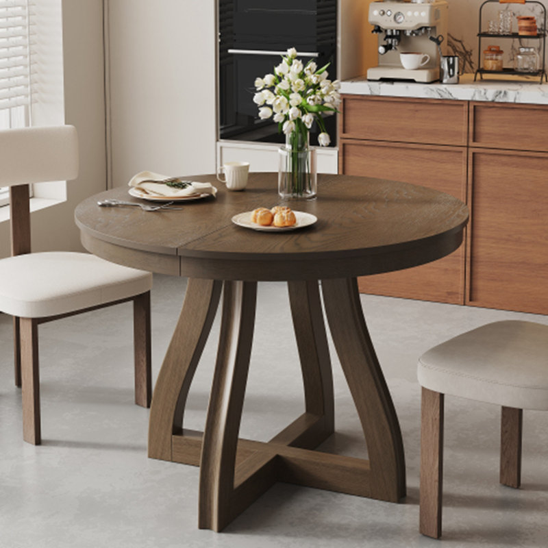 Table de salle à manger ronde extensible avec rallonge centrale et pieds de table courbés, Espresso