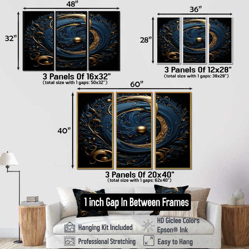 Soleil doré dans la galaxie ornementale - ensemble d'art mural floral moderne, Encadrement argenté
