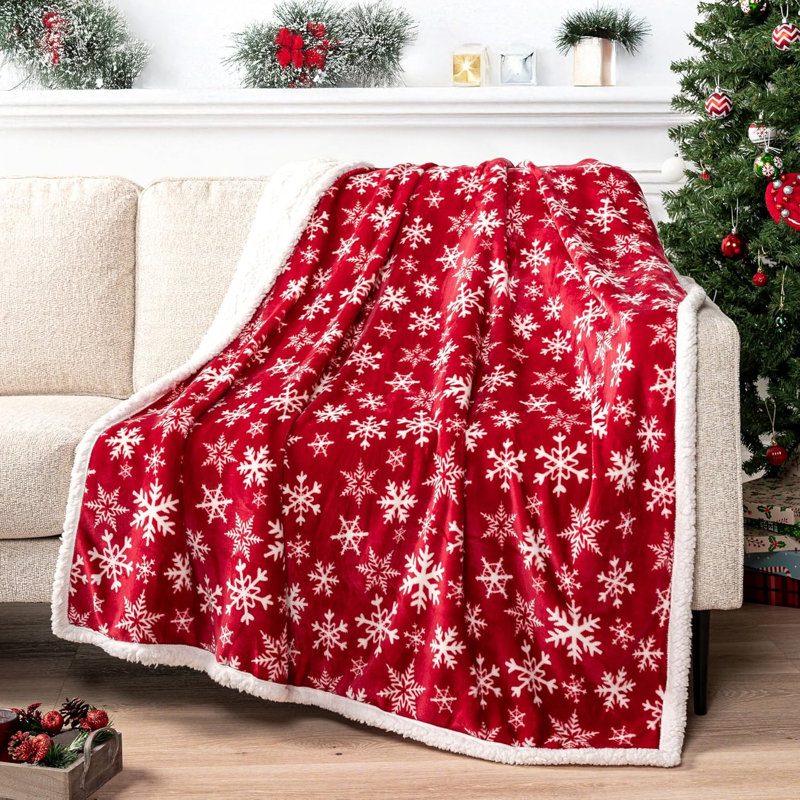 Red Snowflake Christmas Sherpa Fleece Throw Blanket 50 x 60 Inch, Reversible Plush Microfiber Holiday Throw