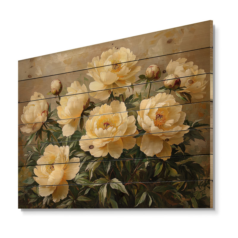 Summer Peonies In The Herb Garden III - Peonies Wood Wall Decor - On Natural Pine Wood, 24" H x 32" W x 0.78" D