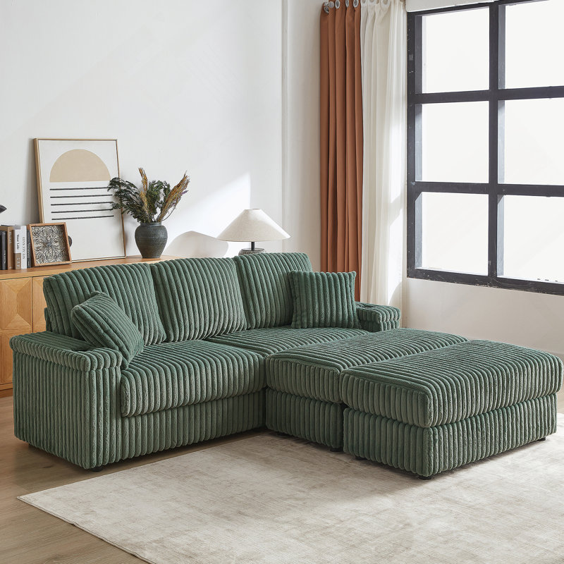 4-Piece 84" Upholstery Loveseat Sofa Bed With 2 toss pillows & 2 Movable Storage Ottomans, Green