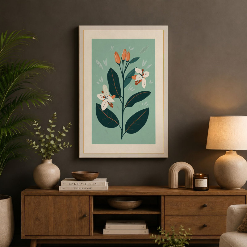 Flowering Plant Study Botanical - Wrapped Canvas, 36x24 - 91.4 x 61.0 cm, Ochre Border