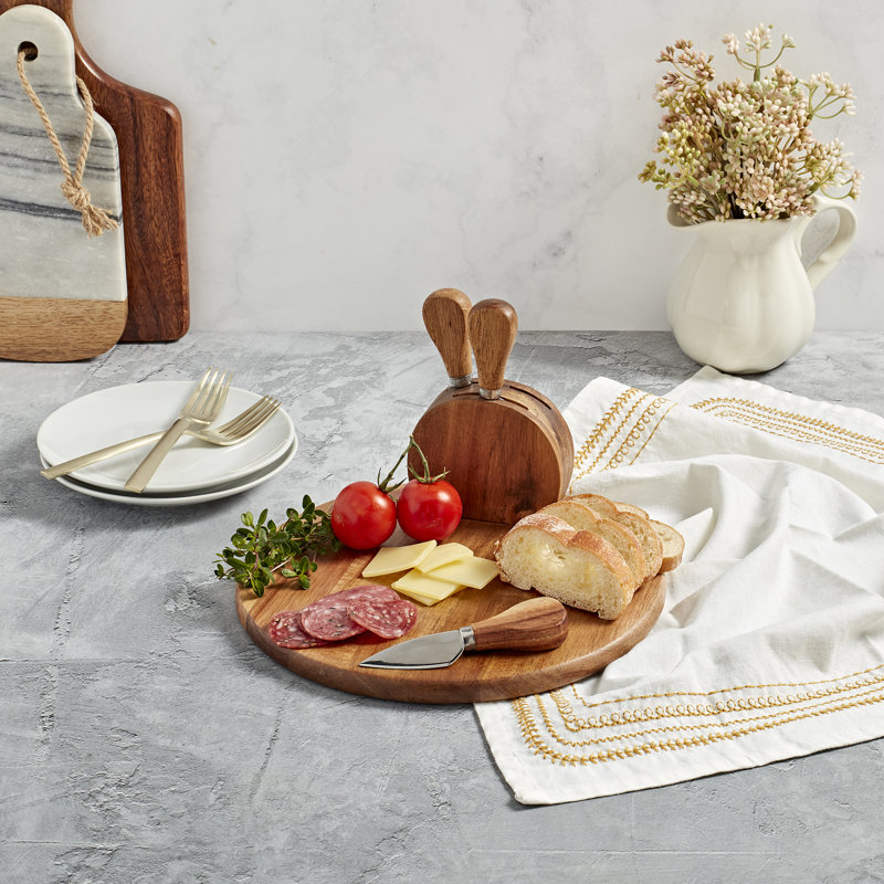 Tabletops Gallery Tabletops Gallery Acacia Wood 5-piece Round Serving Board Set with Cheese Knives and Holding Block