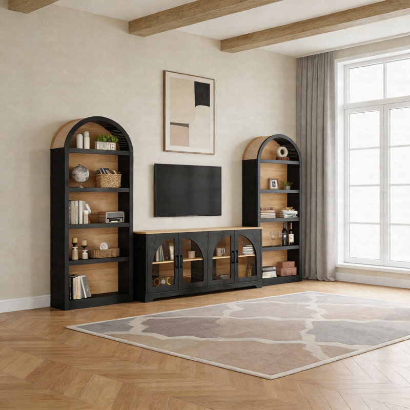 Meuble audio-vidéo deux tons à grain de bois avec design arqué et portes en verre trempé, Noir