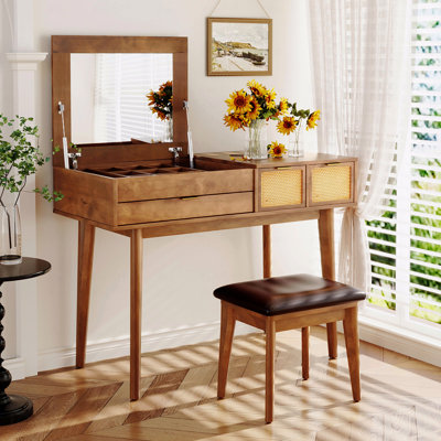 Ensemble coiffeuse 43,3 "en bois avec miroir rabattable et tabouret, coiffeuse avec trois tiroirs et espace de rangement, brun