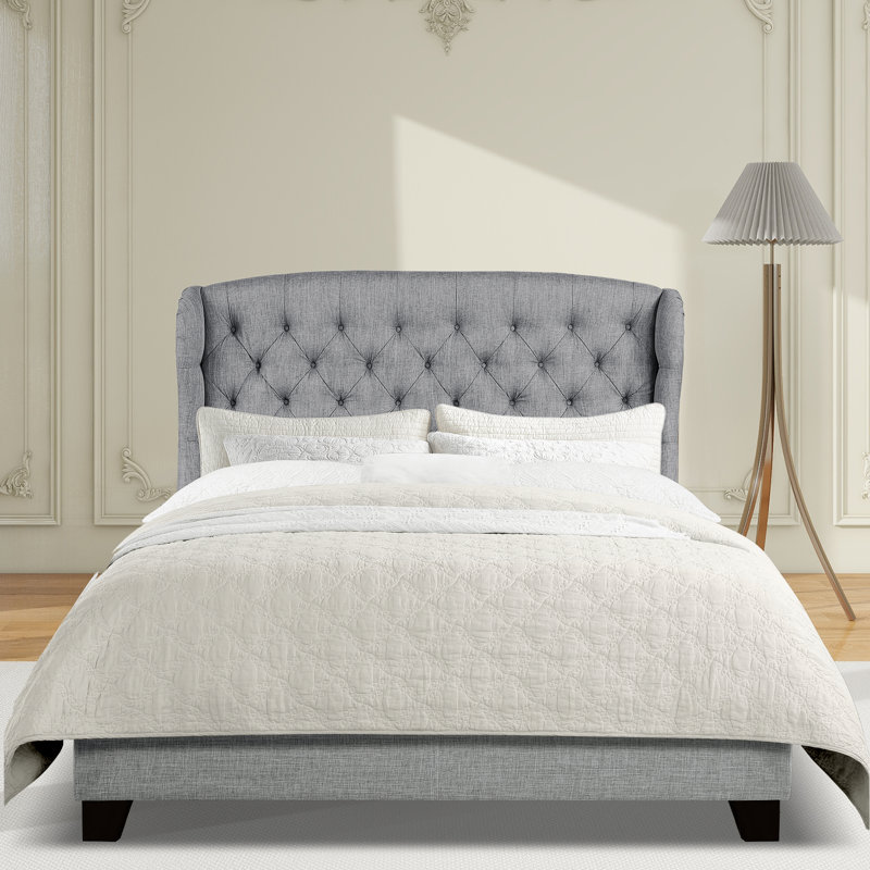 Lit tapissier en tissu, base de lit à hauteur réglable capitonnée, Gris, Très grand lit