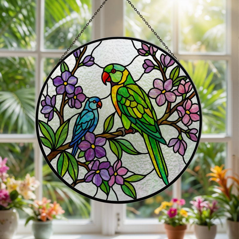 Panneau de vitrail 12 "H Parrot Flower, H 12 po x l 12 po